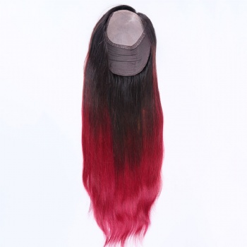 8X9＂Ombre Black Red Copper Brazilian Hair Silk Wefted Toppers