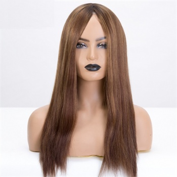 16in Brown Highlighted with Dark Root Double Drawn, 4x4 Silk Base Jewish Wigs