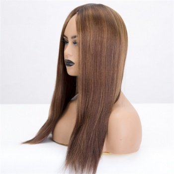 16in Brown Highlighted with Dark Root Double Drawn, 4x4 Silk Base Jewish Wigs